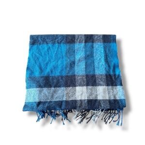 Talbots Wrap Scarf Wool Blend Sparkle Blue Striped Plaid Fringe Oversized Cozy